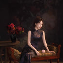 Black Floral Sleeveless Slim Qipao Dress | Mandarin Collar Frog Buttons Bodycon Side Slit Wedding Banquet Gown