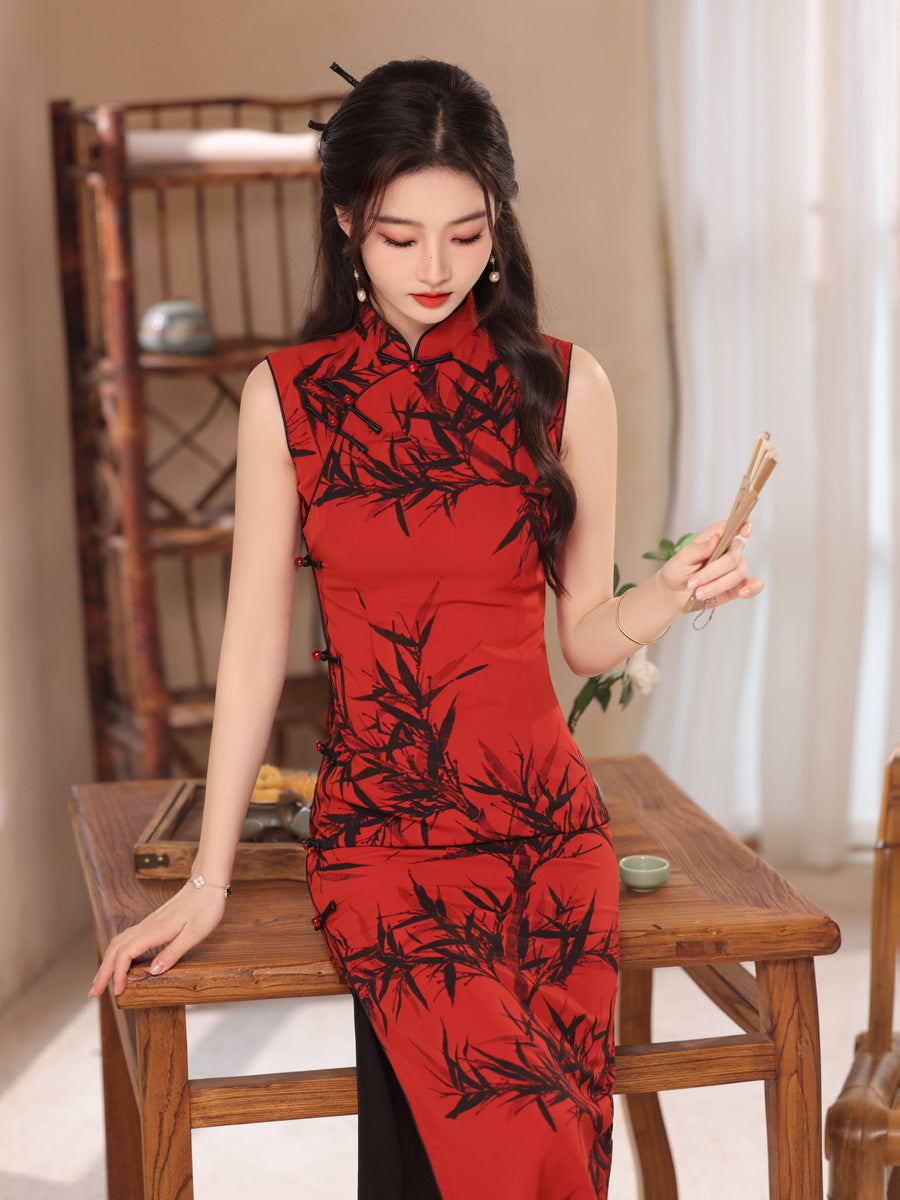 Red Black Bamboo Print Qipao Dress Sleeveless Mandarin Collar Slim Fit Side Slit Maxi