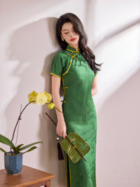 Emerald Green Tonal Jacquard Short Sleeve Qipao Maxi Dress |  Piping Slim Cheongsam
