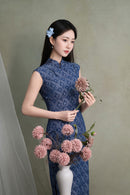 Dusty Blue Jacquard Sleeveless Long Qipao Dress | Mandarin Collar Slim Vintage Banquet Gown