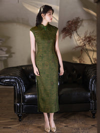 Green Jacquard Sleeveless Qipao Dress | Mandarin Collar Slim Maxi Cheongsam