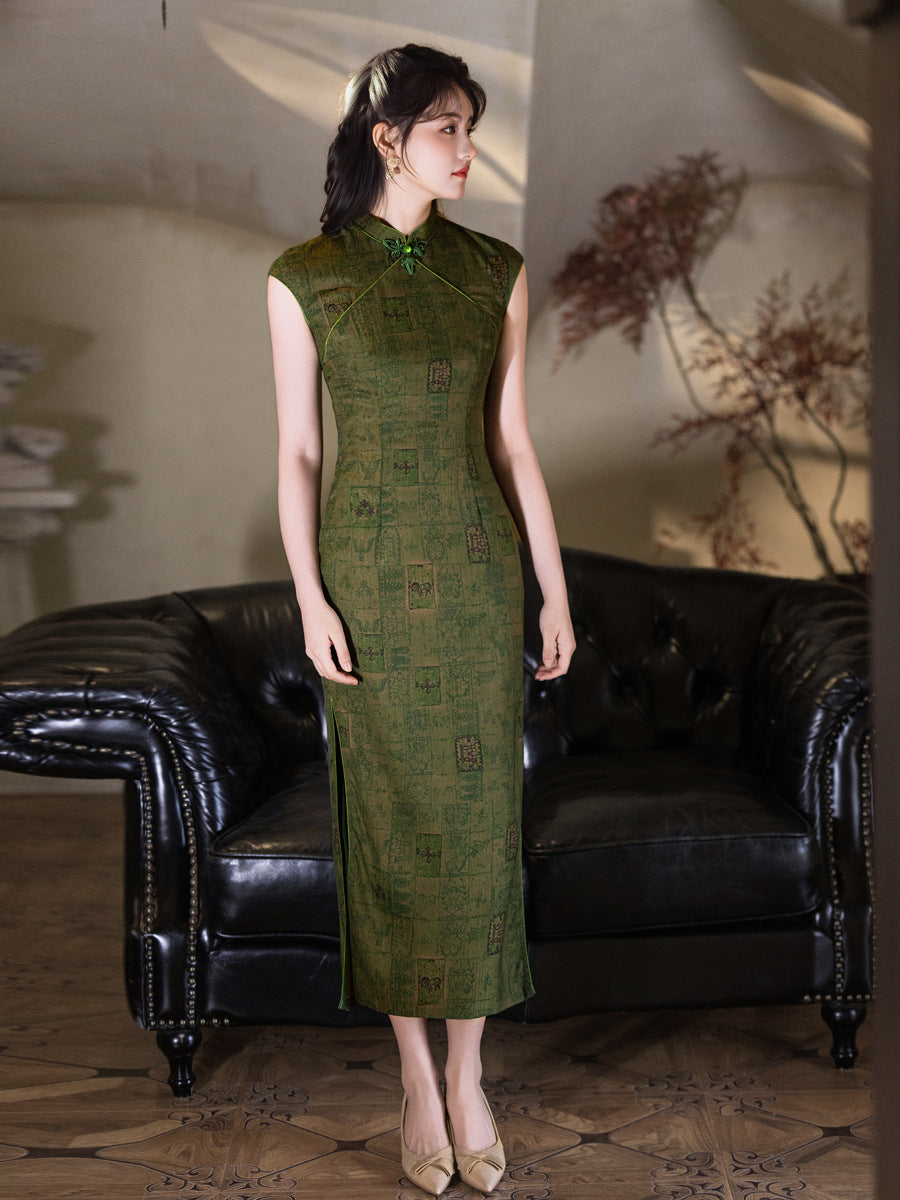 Green Jacquard Sleeveless Qipao Dress | Mandarin Collar Slim Maxi Cheongsam