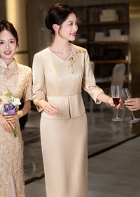 Champagne Mother-of-the-Bride Qipao Set | V-Neck Peplum Top & Midi Skirt