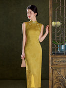 Gold Tonal Jacquard Sleeveless Qipao Dress | Mandarin Collar Slim Midi Cheongsam