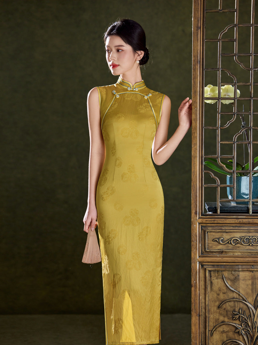 Gold Tonal Jacquard Sleeveless Qipao Dress | Mandarin Collar Slim Midi Cheongsam