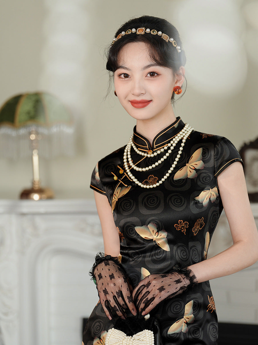 Silk Cheongsam Dress with Floral Butterfly Pattern