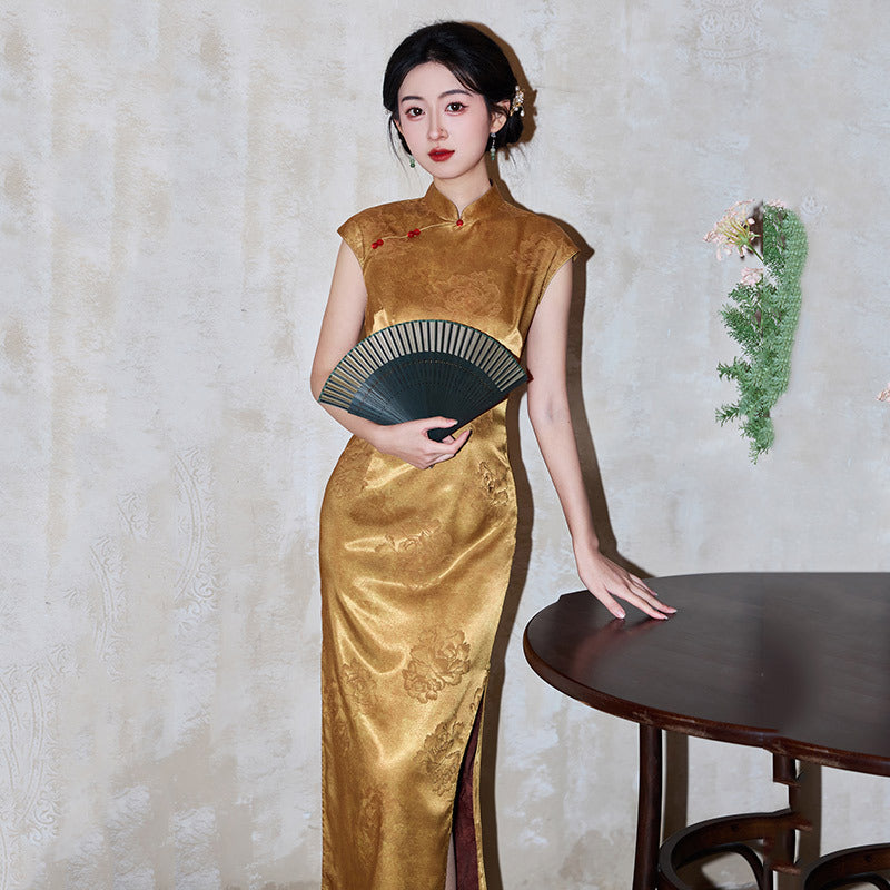 New Chinese Gold Jacquard Qipao Dress | Cap Sleeve Mandarin Collar Frog Button High Slit Maxi Gown