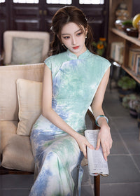 Chinese Ink Print Brocade Qipao | Slim-Fit Mandarin Collar Cheongsam