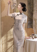 Slim Long Modern Cheongsam Dress | Mandarin Collar & Ink Landscape & Side Slit