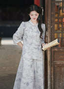 Mist-Grey Ink-Print Modern Hanfu Set | Mandarin-Collar Puff-Sleeve Top & High-Waist Skirt