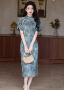 Mist-Blue Butterfly Print Modern Qipao Midi | Mandarin Collar Slim Silhouette