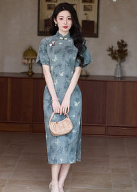 Mist-Blue Butterfly Print Modern Qipao Midi | Mandarin Collar Slim Silhouette