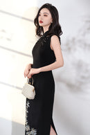 Black Embroidered Modern Qipao Midi | Sleeveless Mandarin Neck, Beaded Frogs