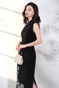 Black Embroidered Modern Qipao Midi | Sleeveless Mandarin Neck, Beaded Frogs