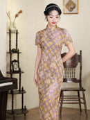 Vintage Checkered Qipao Long Dress | Golden-Violet Gradient Plaid