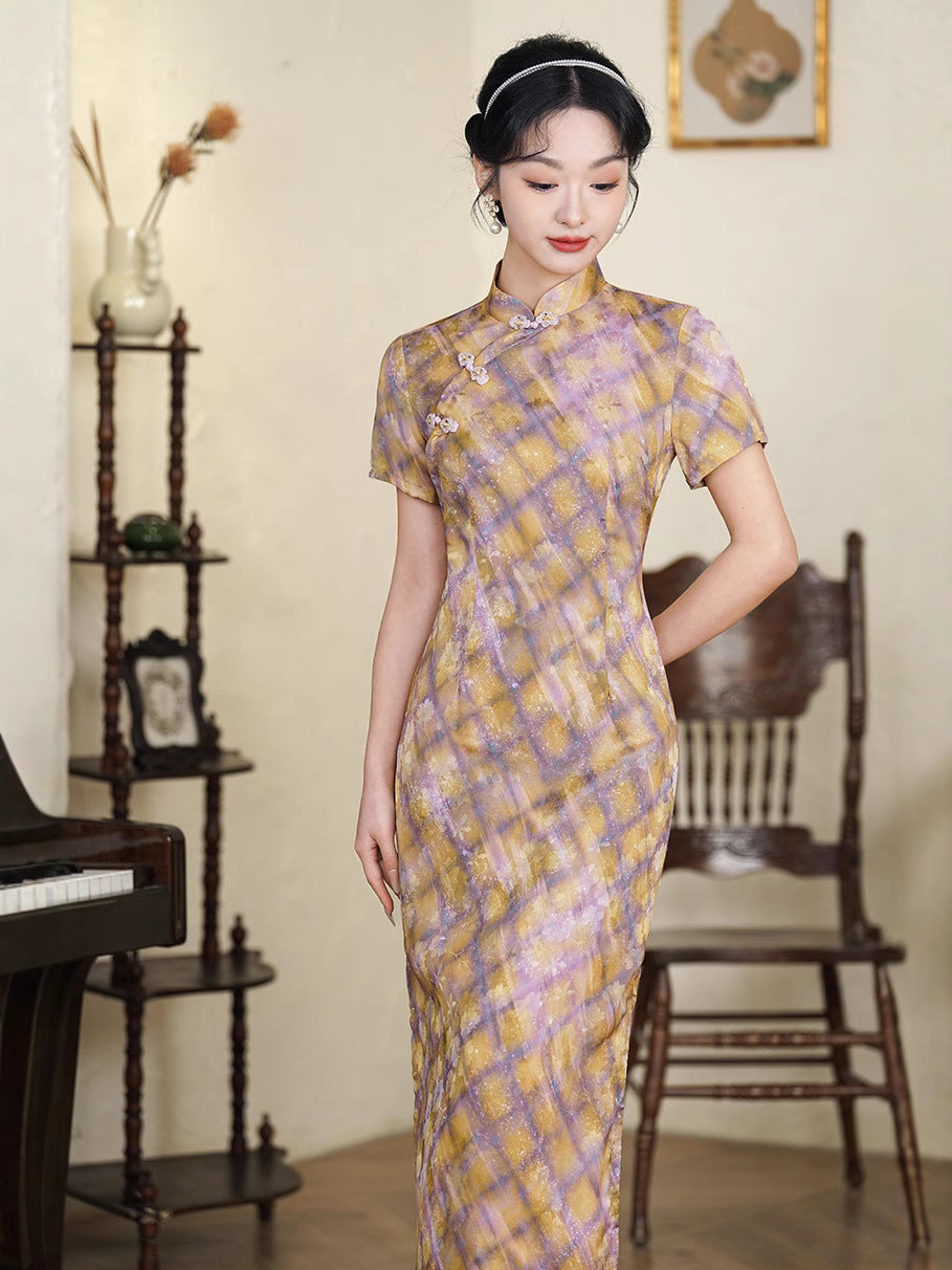 Vintage Checkered Qipao Long Dress | Golden-Violet Gradient Plaid