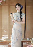 Ivory Blue Floral Qipao Dress | Mandarin Collar Slim Split Cheongsam Maxi