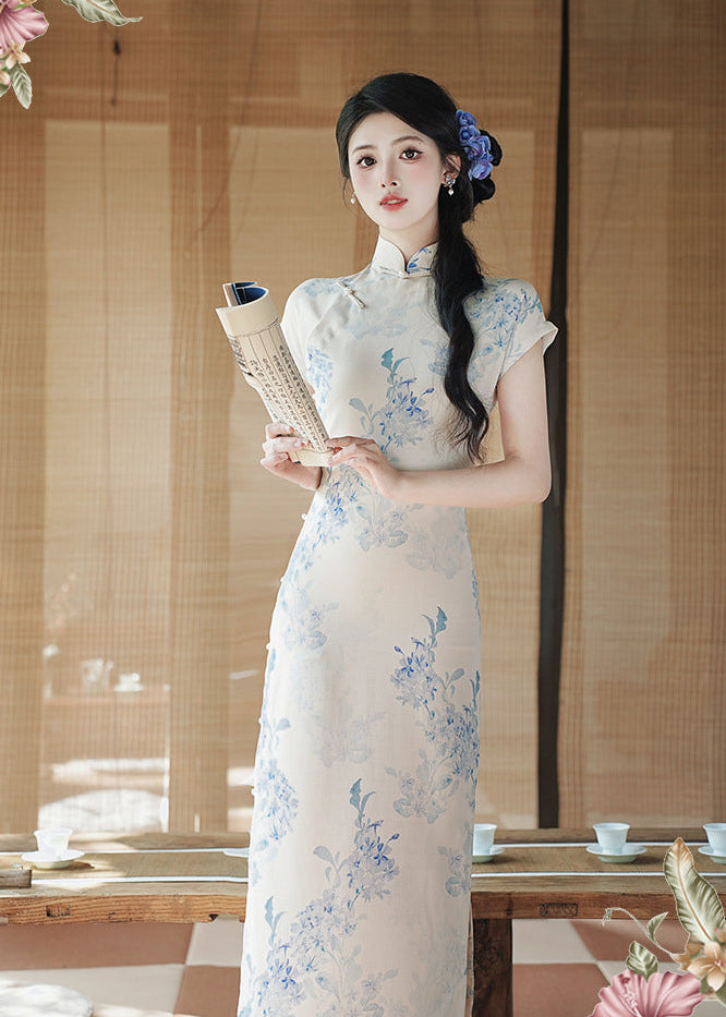 Ivory Blue Floral Qipao Dress | Mandarin Collar Slim Split Cheongsam Maxi