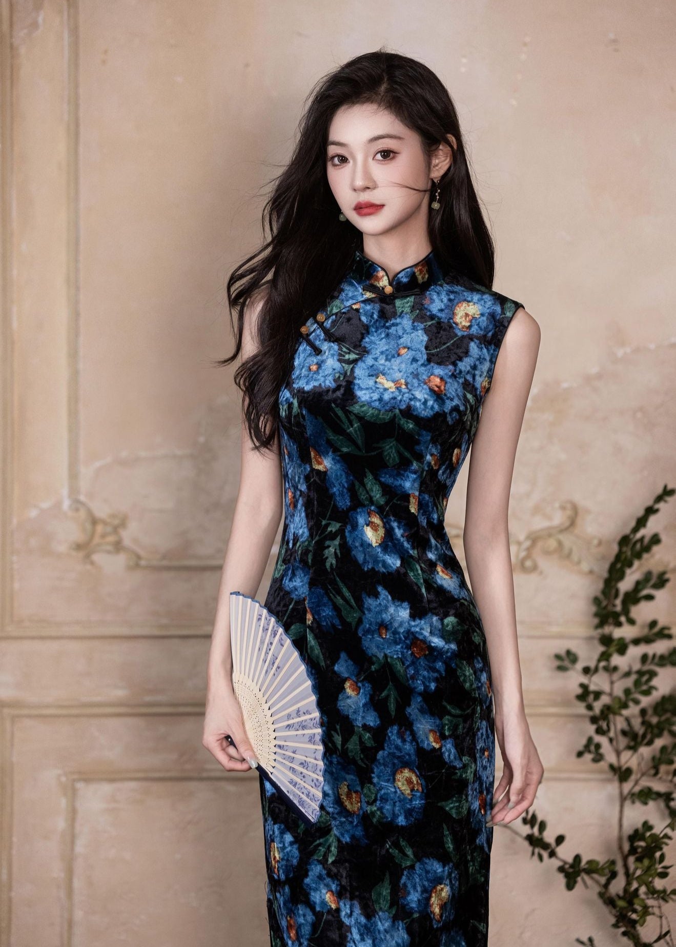Blue Floral Vintage Sleeveless Slim Qipao Dress