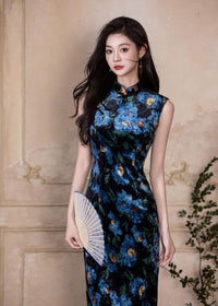 Blue Floral Vintage Sleeveless Slim Qipao Dress