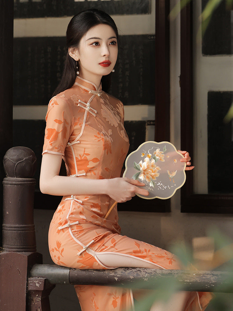 Peach Pink Orange Floral Qipao Dress Slim Fit High Neck Mesh Panel Short Sleeve Side Slit Maxi