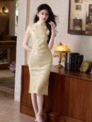 Yellow Jacquard Qipao | Slim Mandarin Collar Short-Sleeve Dress