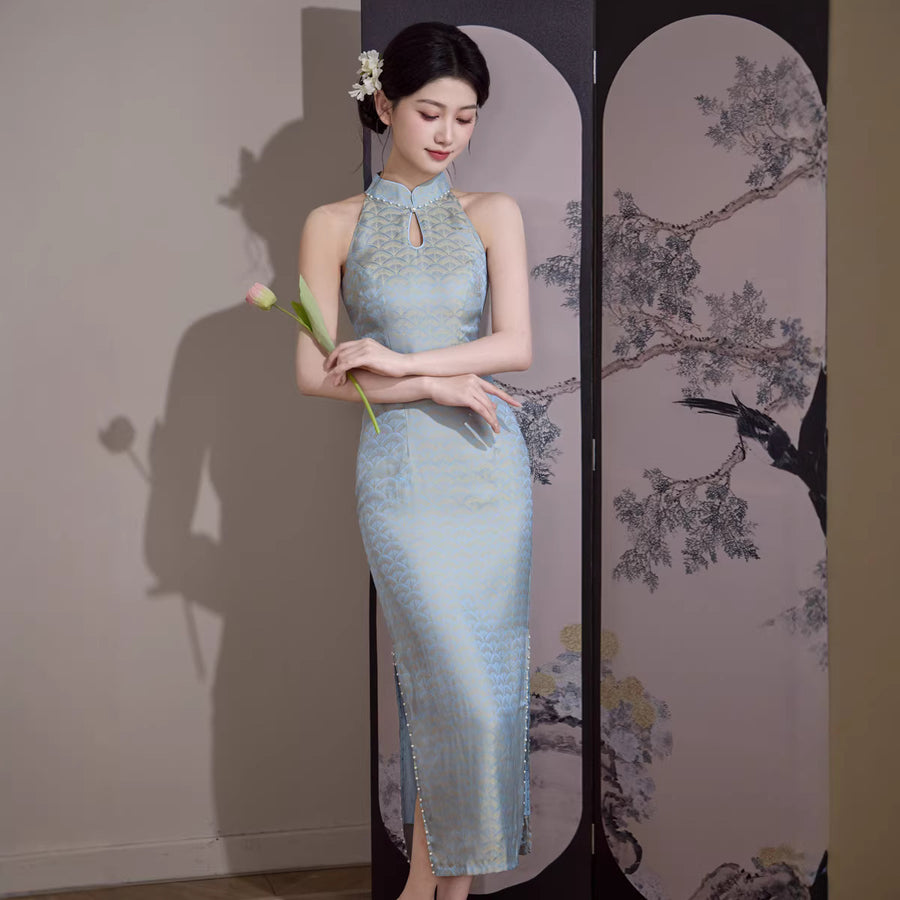 Misty Blue Jacquard Halter Qipao Midi Dress | Mandarin Collar Keyhole Slim Cheongsam