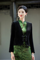 New-Chinese Black Qipao Jacket | Fitted V-Neck with Beaded Frog Buttons & Tassels