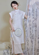 Modern Chinese Qipao Two-Piece Set | Ivory Mandarin-Collar Straight Dress