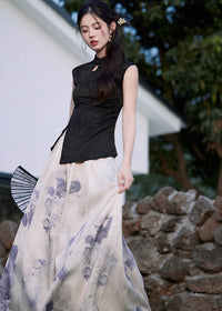 Modern Chinese Set | Sleeveless Mandarin Top & Ink-Print Maxi Skirt