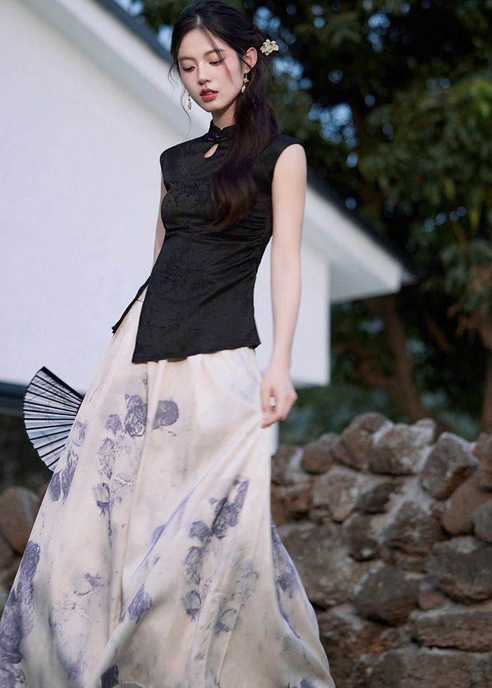 Modern Chinese Set | Sleeveless Mandarin Top & Ink-Print Maxi Skirt