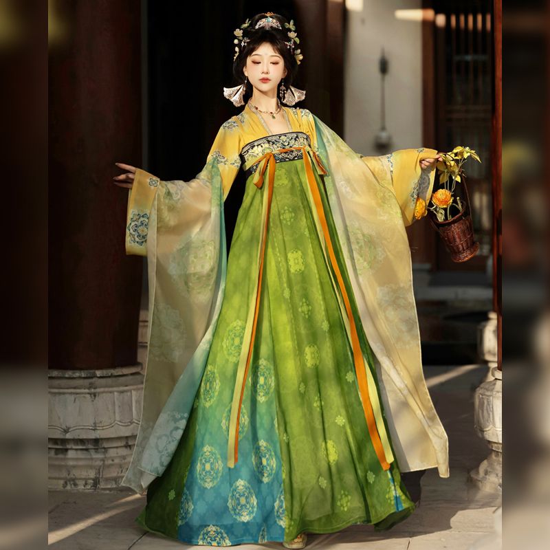 Vintage Chinese Hanfu Dress for Women, Floral Embroidery with Elegant Long Sleeves