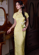 Pale Yellow Jacquard Qipao | Slim Mandarin Collar Side-Slit Long Dress