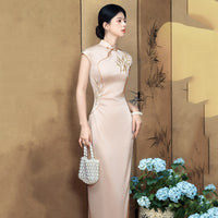 Bamboo Embroidered Qipao Dress | Champagne Mandarin Collar Slim Chinese Dress | HANGRACE