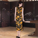 Black Base Golden Rose Print Sleeveless Qipao Dress | Mandarin Collar Slim Midi Cheongsam