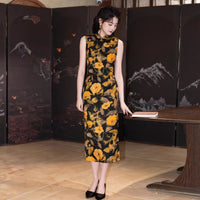 Black Base Golden Rose Print Sleeveless Qipao Dress | Mandarin Collar Slim Midi Cheongsam