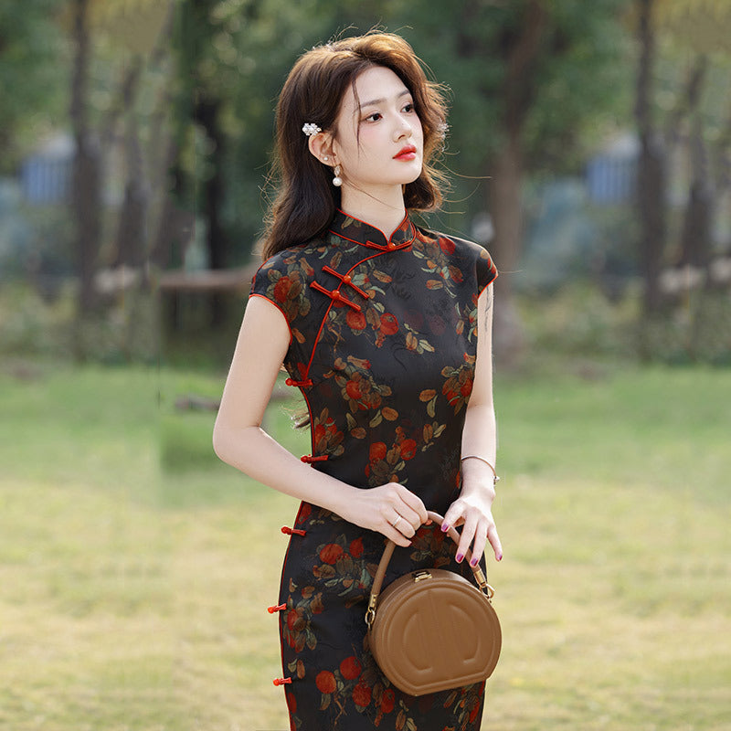 Elegant Floral Cheongsam Dress with Classic Mandarin Collar & Red Knot Details