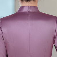 Aubergine Acetate Stretch Satin Embroidered Modern Qipao Midi | Mandarin Collar Keyhole