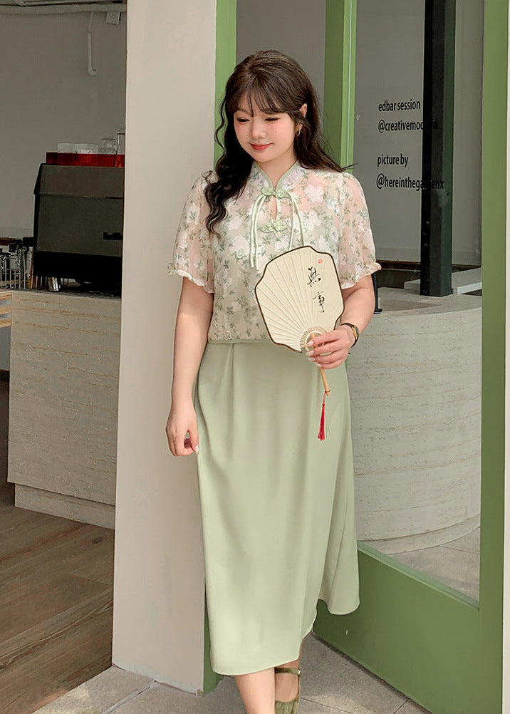 Plus Size New Chinese Style Frog Button Blouse & Slip Dress Set | Green/Black Option Elegant Two-Piece Outfit
