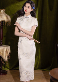Ivory Embroidered Satin Long Qipao | Short-Sleeve Slim Silhouette