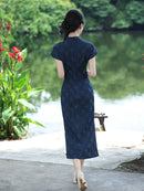 Navy Jacquard Vintage Elegant Qipao Dress | Cap-Sleeve Slim Long Gown