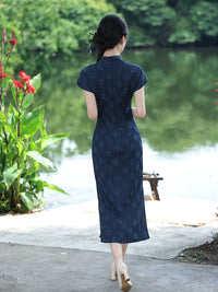 Navy Jacquard Vintage Elegant Qipao Dress | Cap-Sleeve Slim Long Gown