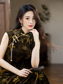 Olive-Green Floral Modern Qipao Midi | Sleeveless Mandarin Neck