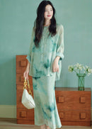 Modern Chinese Ink-Print Two-Piece Set | Sheer Frog-Button Top + Slim Maxi Dress