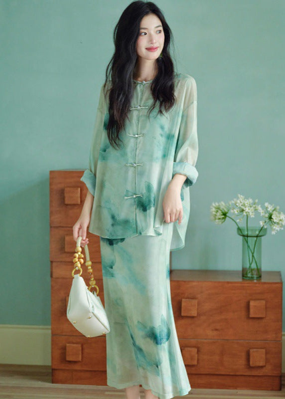Modern Chinese Ink-Print Two-Piece Set | Sheer Frog-Button Top + Slim Maxi Dress