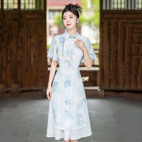 Blue Floral Collar Daily Qipao Dress | Elegant Flowing Dress For Summer