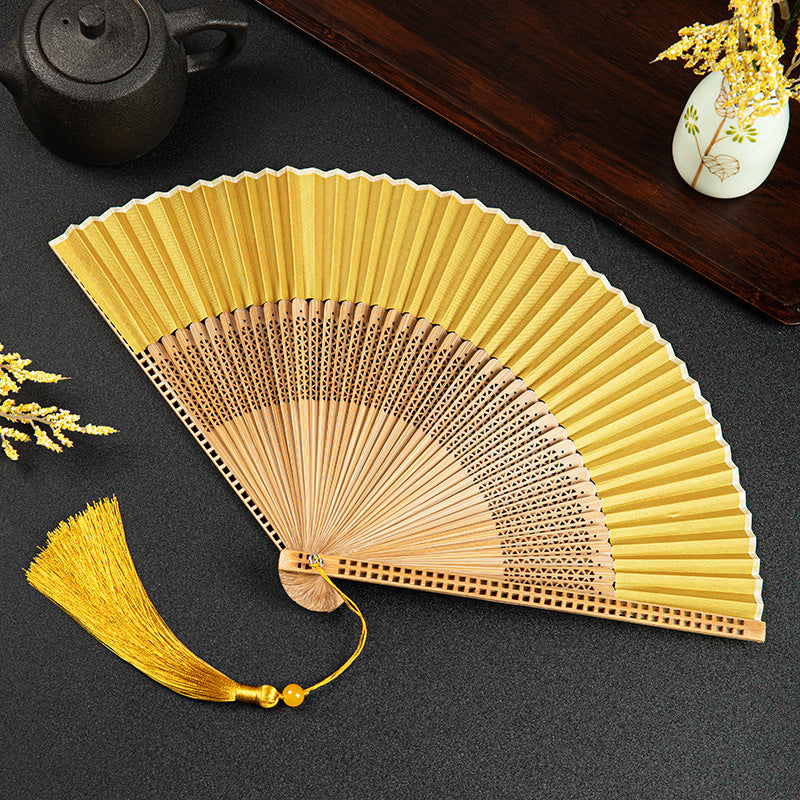 Golden Silk Folding Hand Fan With Wooden Handle And Tassel For Hanfu Accessories