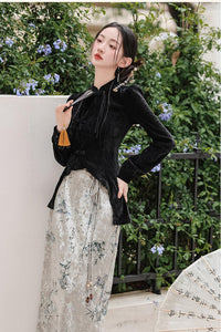 Vintage Velvet Black Top with Embroidered Silk Skirt