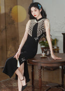 New Chinese Style Black Sleeveless Butterfly Embroidered Qipao Dress | Mandarin Collar Slim Fit High Slit Maxi Gown
