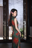 Pine-Green Watercolor Floral Qipao | Sleeveless Slim Long Dress with Side Slit